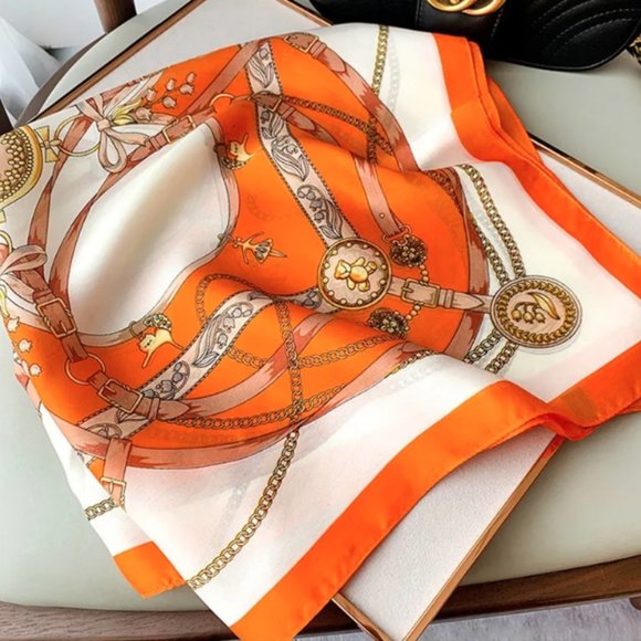 🍏50% OFF/3+... Orange/Cream Pattern Square Scarf - Picture 5 of 7